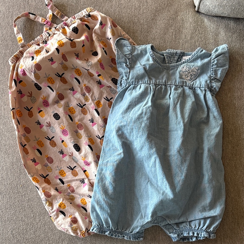 Blue Denim Romper and Pineapple Print Dress Set